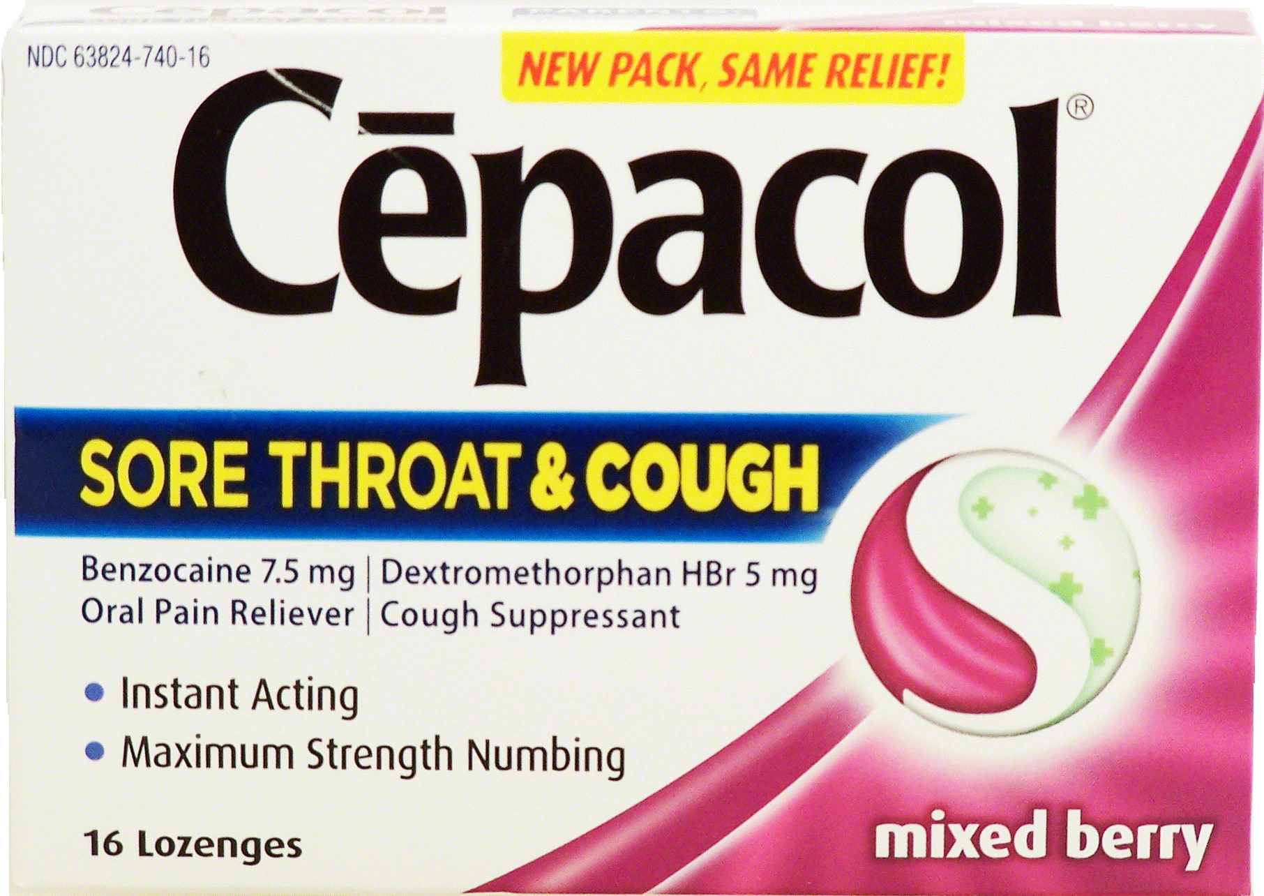 Cepacol  mixed berry flavor sort throat & cough lozenges, benzocaine 7.5-mg, dextromethorphan HBr 5-mg Full-Size Picture